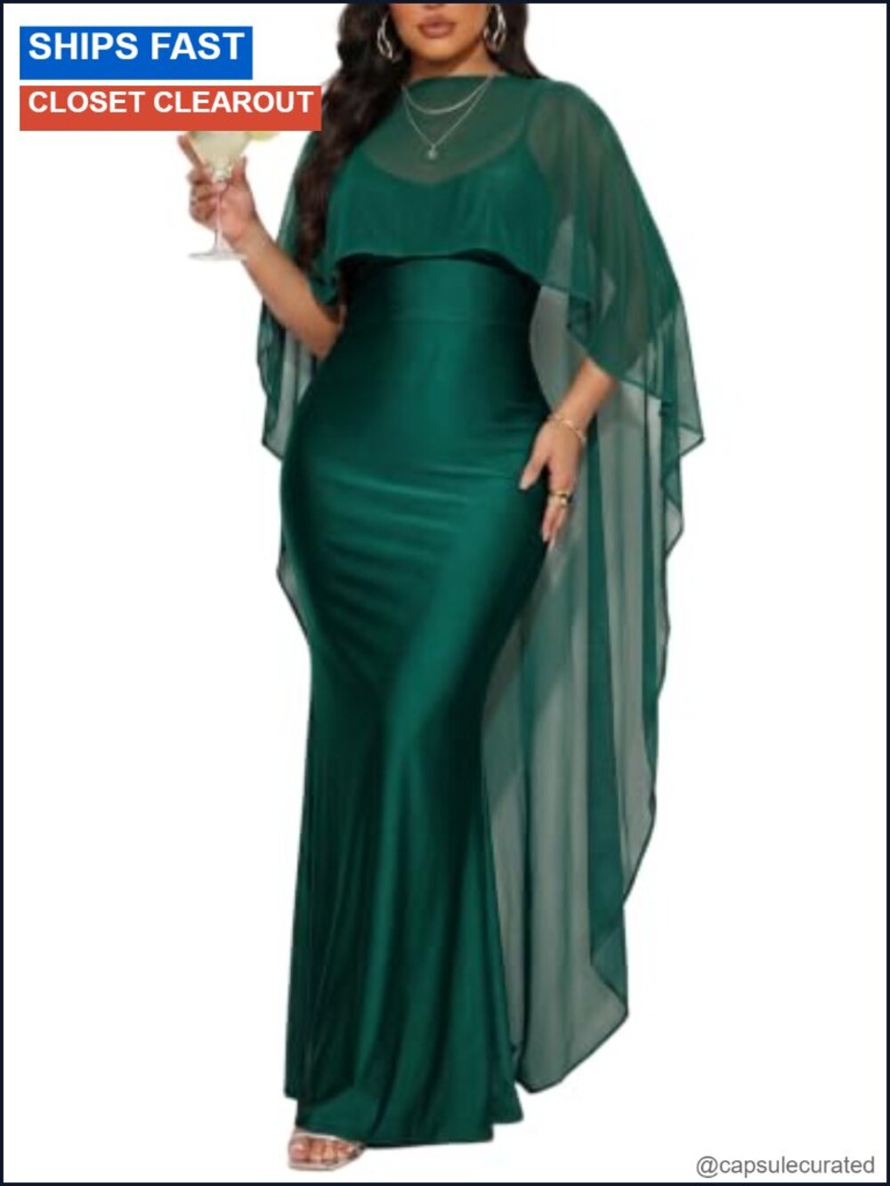 Satin Bodycon Maxi Dress with Sheer Chiffon Cape Formal Wedding Guest